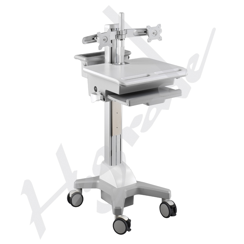 Ergonomic medical cart with adjustable dual monitor arm non powered cart
